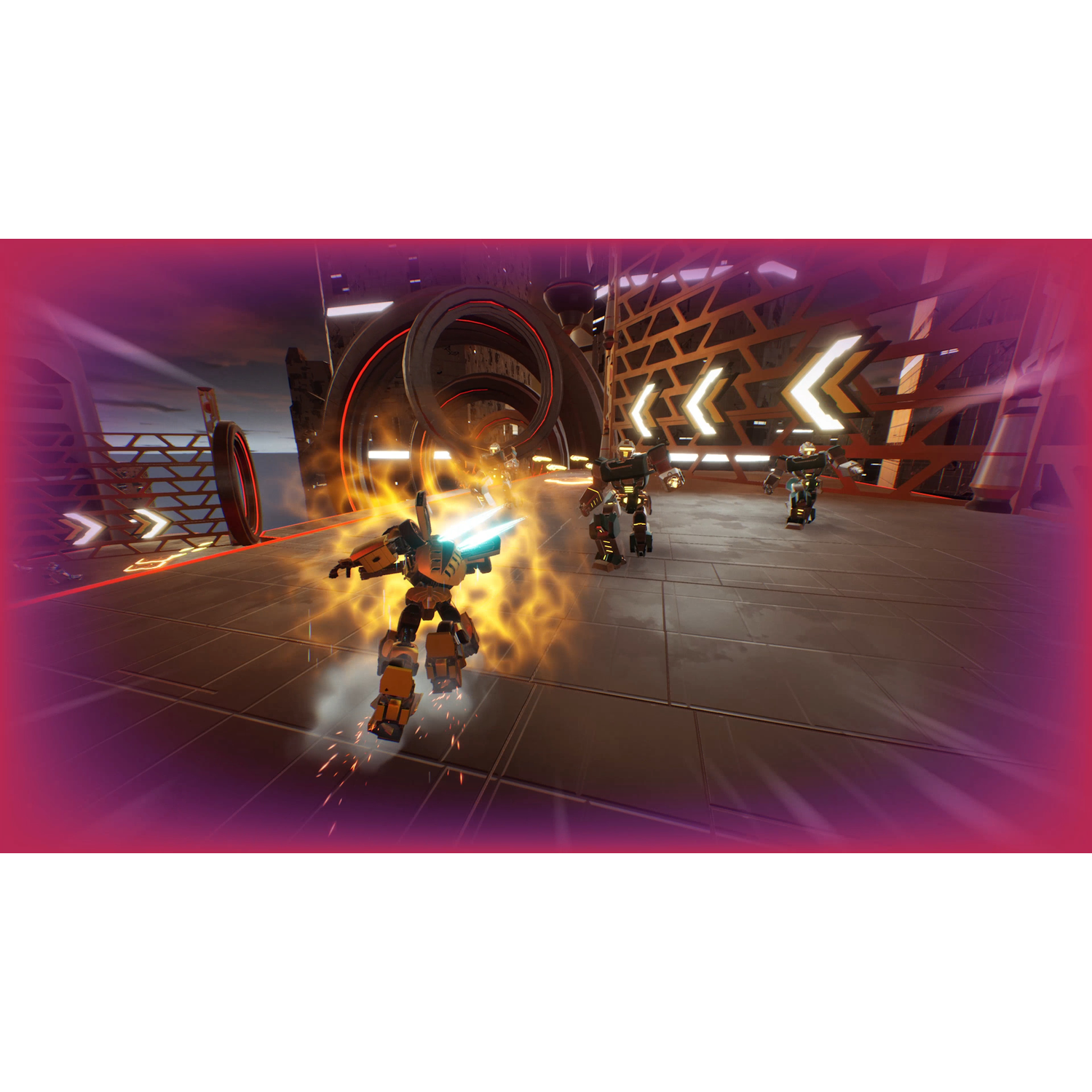 Een videogame scene met robots die vechten in een futuristische setting, met explosies en lasers.