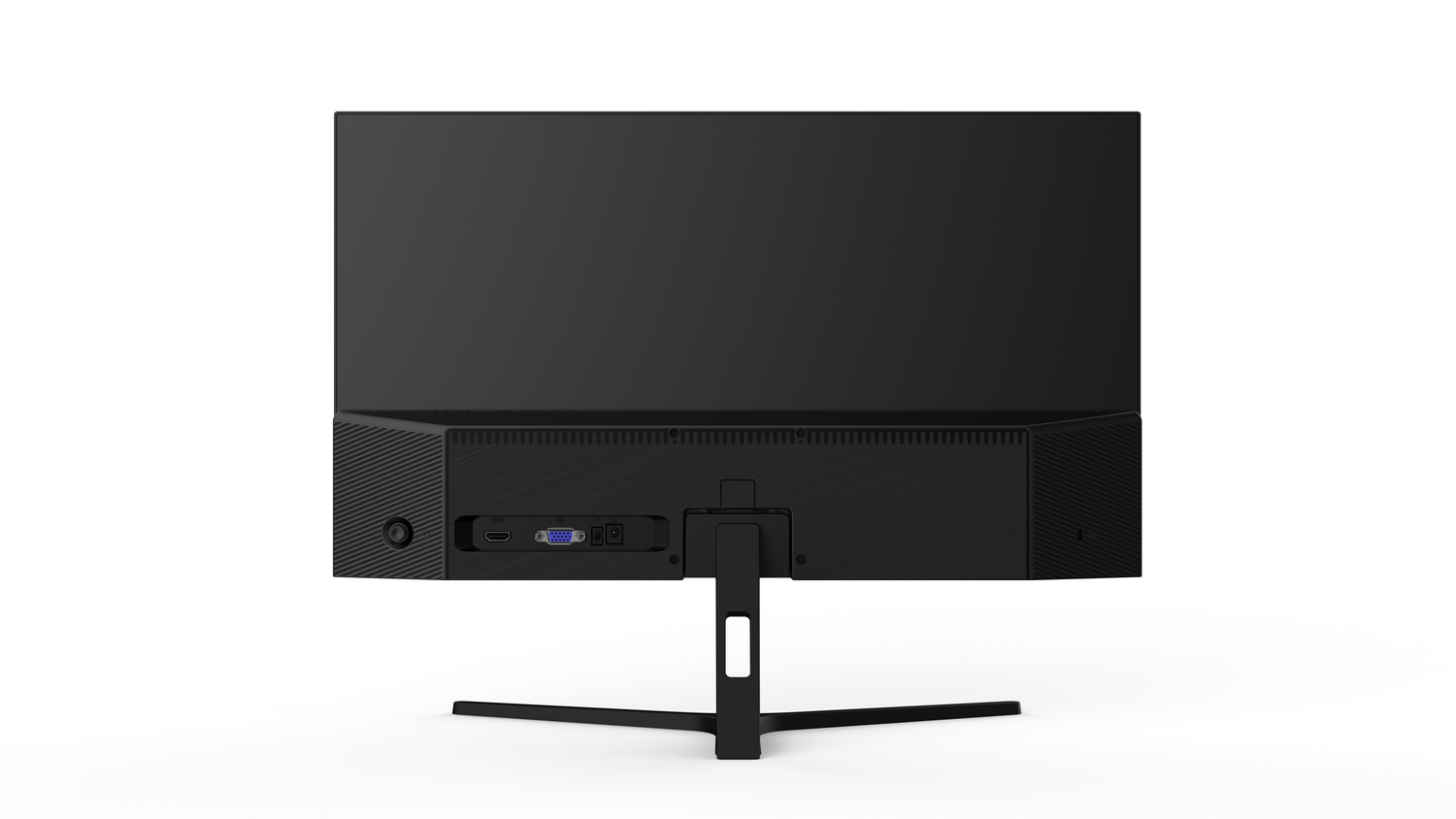 Parte trasera de un monitor negro, mostrando puertos y un soporte.