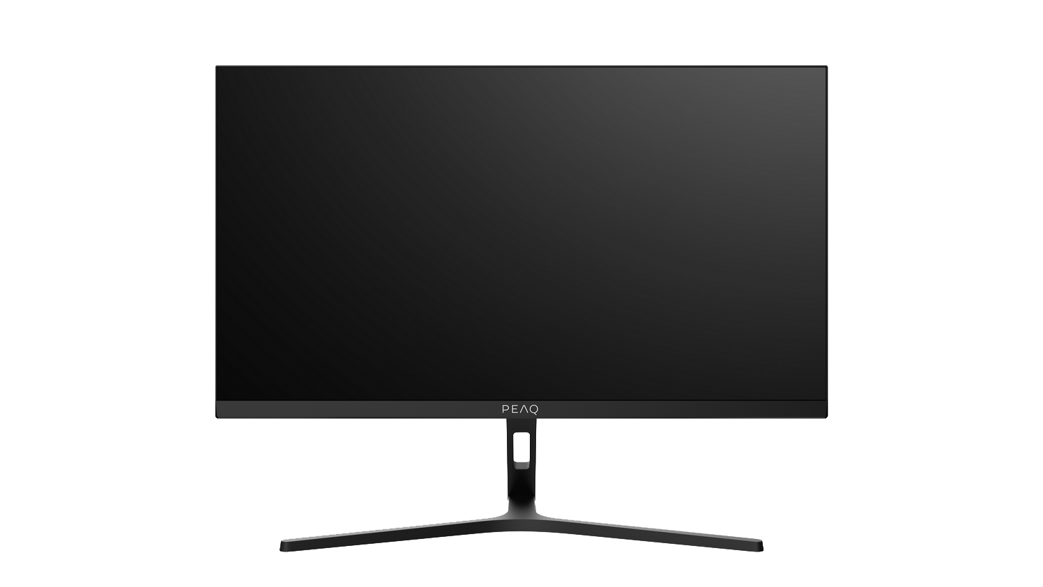Un monitor de ordenador negro con soporte. La pantalla está encendida, negra.