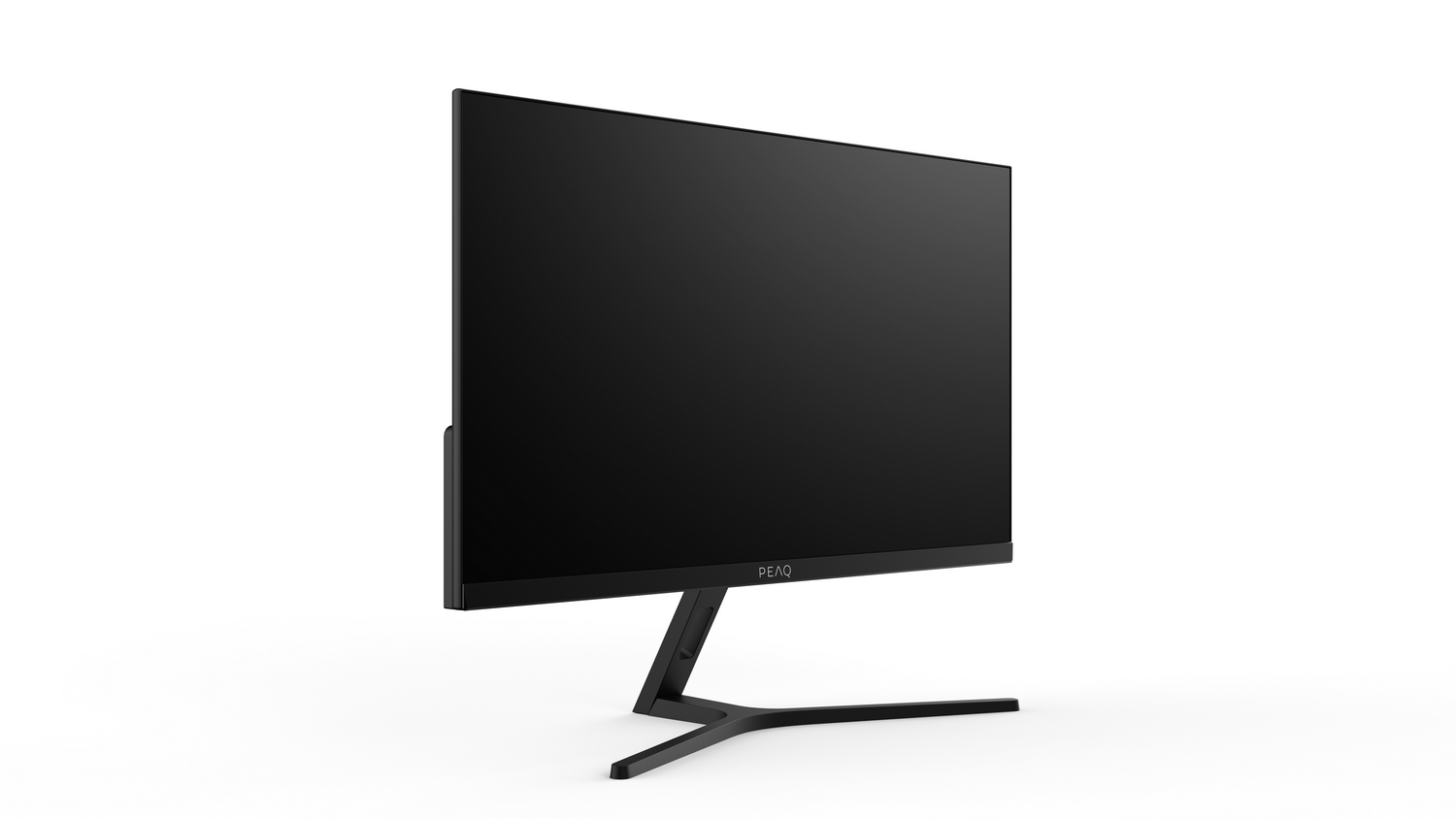 Monitor de ordenador negro sobre un fondo blanco, visto desde un ángulo lateral.