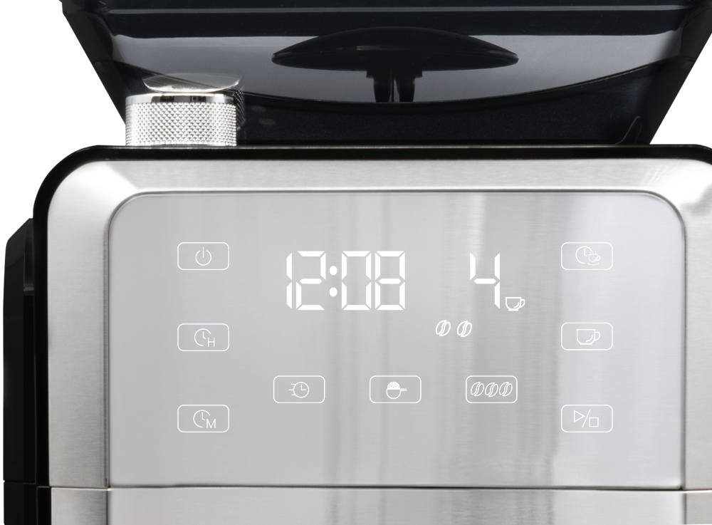 A coffee machine control panel. It displays the time, and various settings icons, with a stainless steel finish.