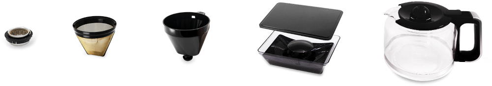 Coffee machine parts: filter holder, filters, and carafe. Components are black and transparent.