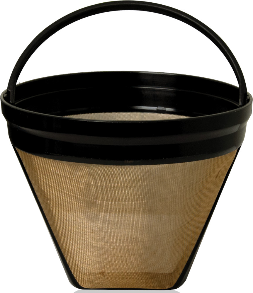 Black plastic coffee filter with a gold-colored mesh inside.
