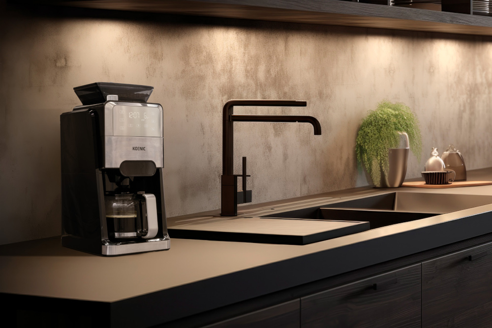 Kitchen with coffee maker, tap, and sink. Warm lighting.