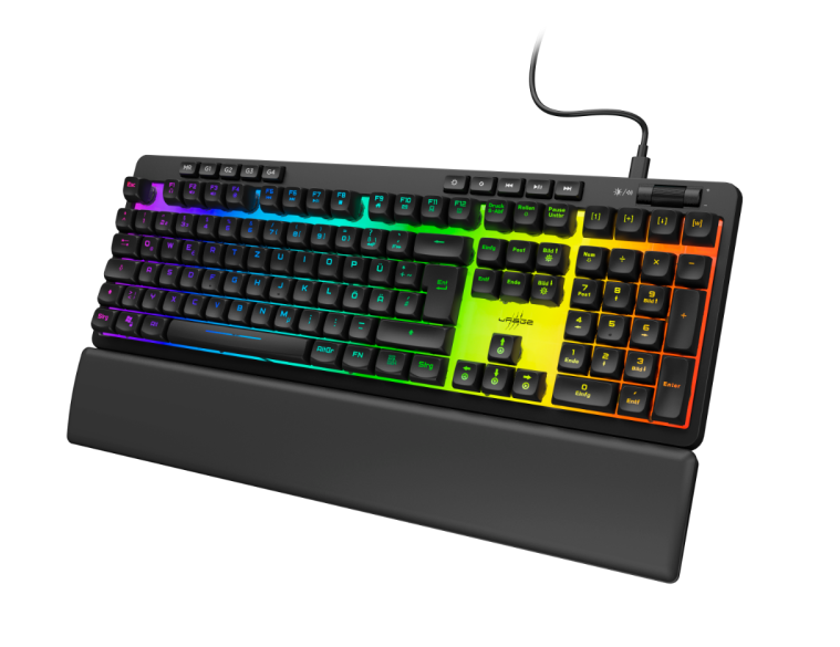 Schwarze Tastatur mit Regenbogenfarben und Handballenauflage. Tasten sind beleuchtet.