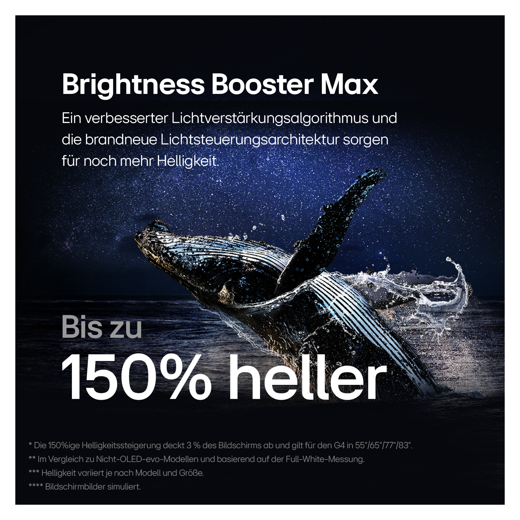 Bild mit Text: 'Brightness Booster Max', ein Wal, der aus dem Meer springt, und Text 'Bis zu 150% heller'.