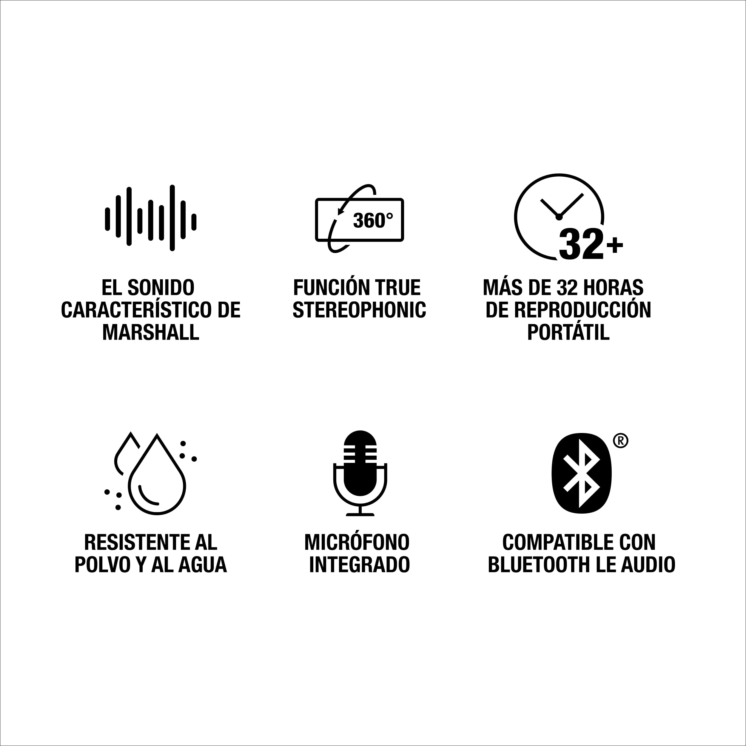 Iconos que muestran sonido, estéreo, duración de la batería, resistente al polvo/agua y Bluetooth.