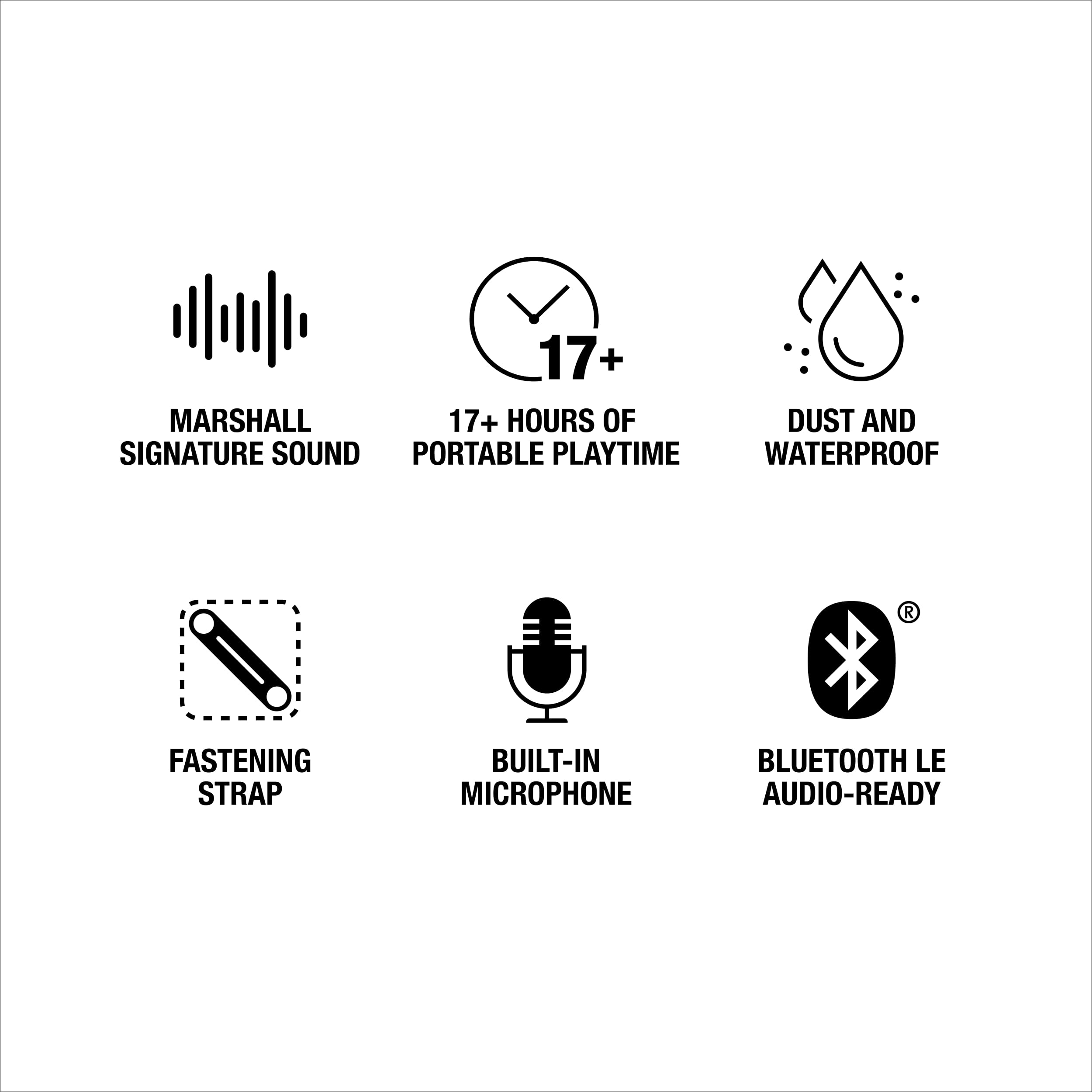 Un conjunto de iconos que ilustran las características de un producto, incluyendo sonido, duración de la batería y resistencia al agua.