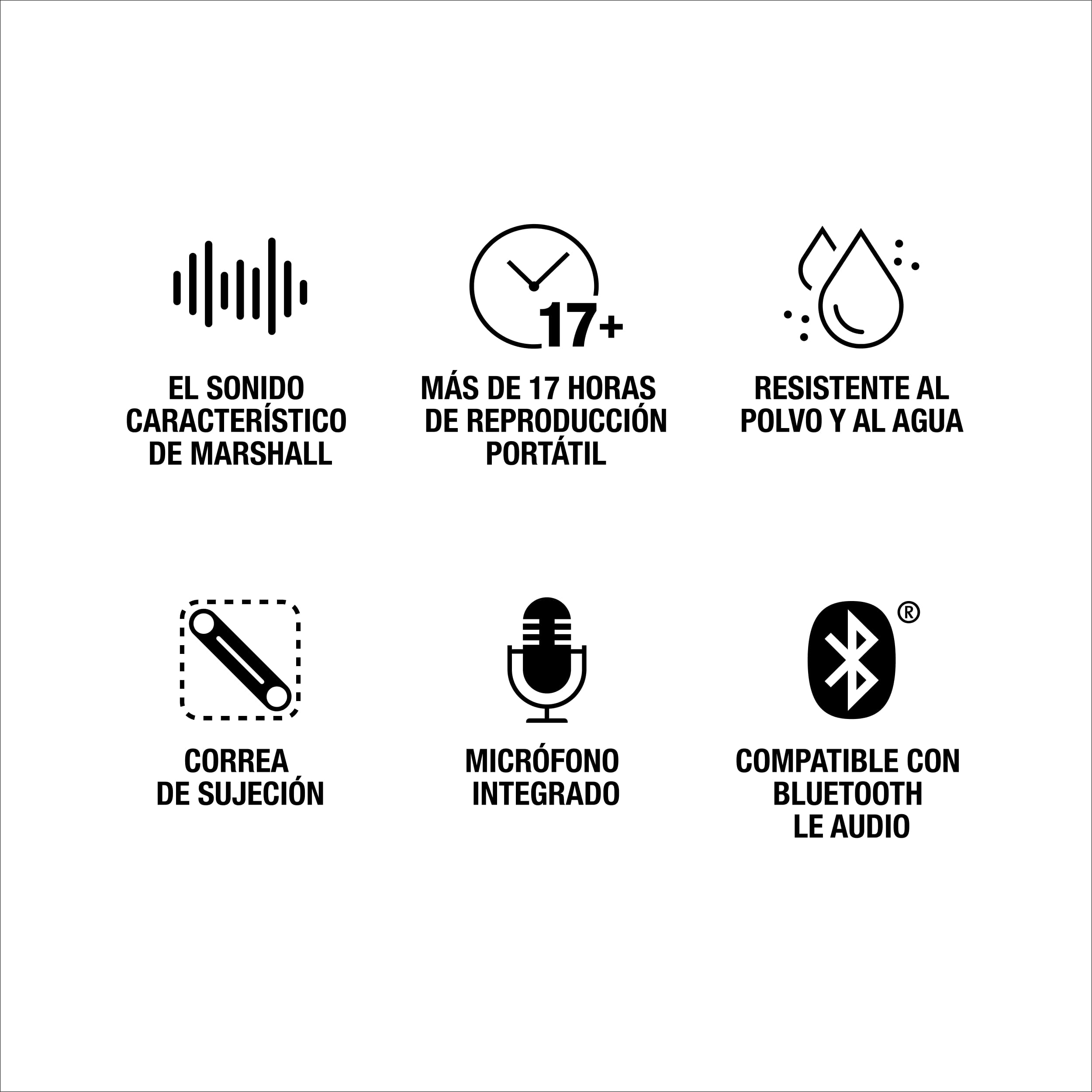 Iconos que muestran el sonido de Marshall, más de 17 horas de reproducción, resistencia al agua y más.