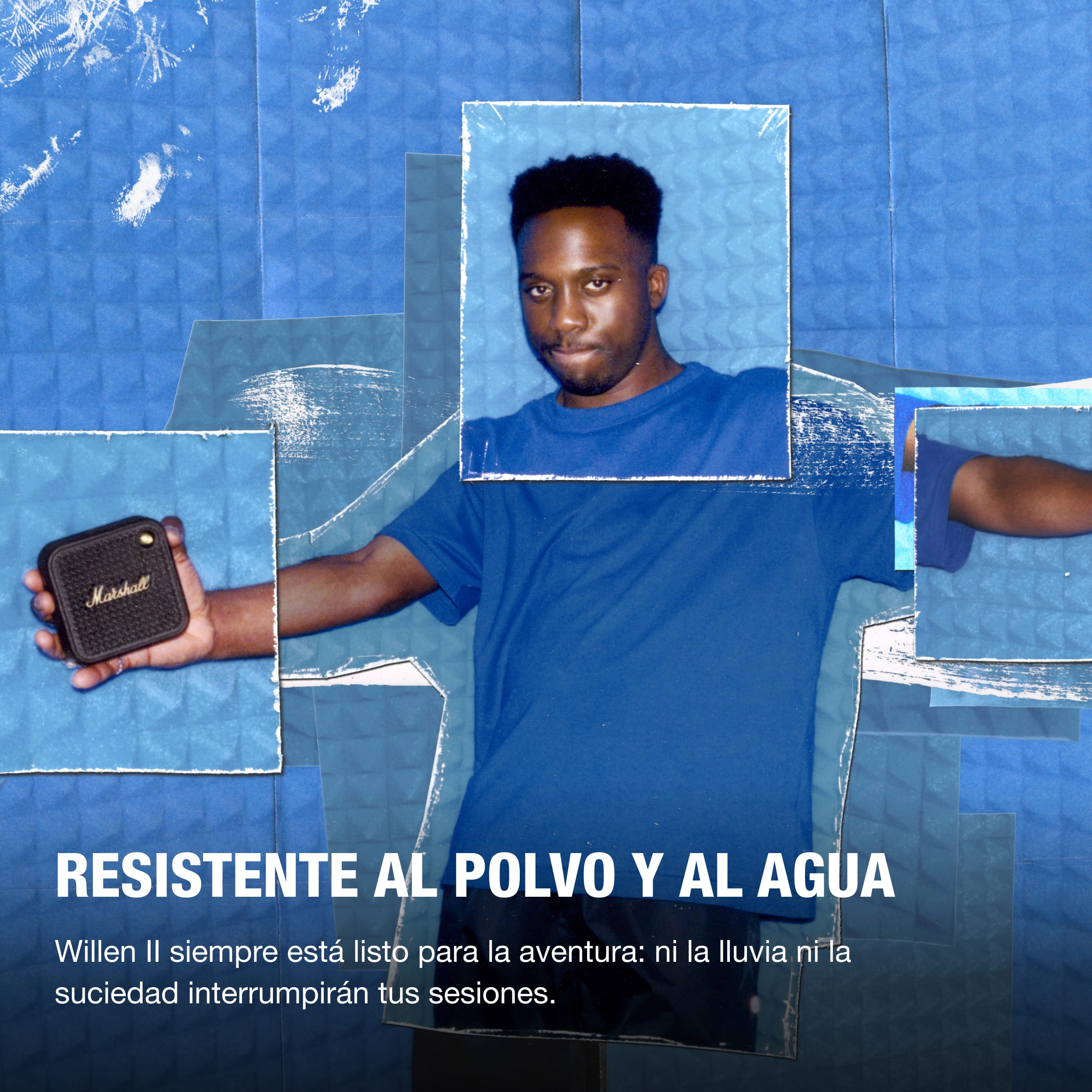 Hombre sosteniendo un pequeño altavoz Marshall negro, con superposición de texto: resistente al agua y al polvo.