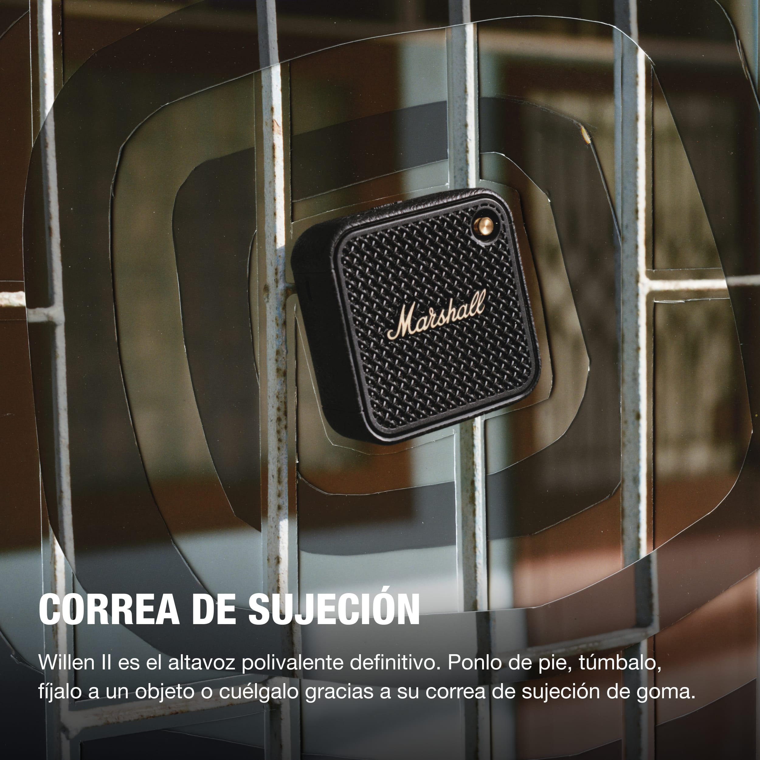 Pequeño altavoz negro. Está junto a una puerta de metal.