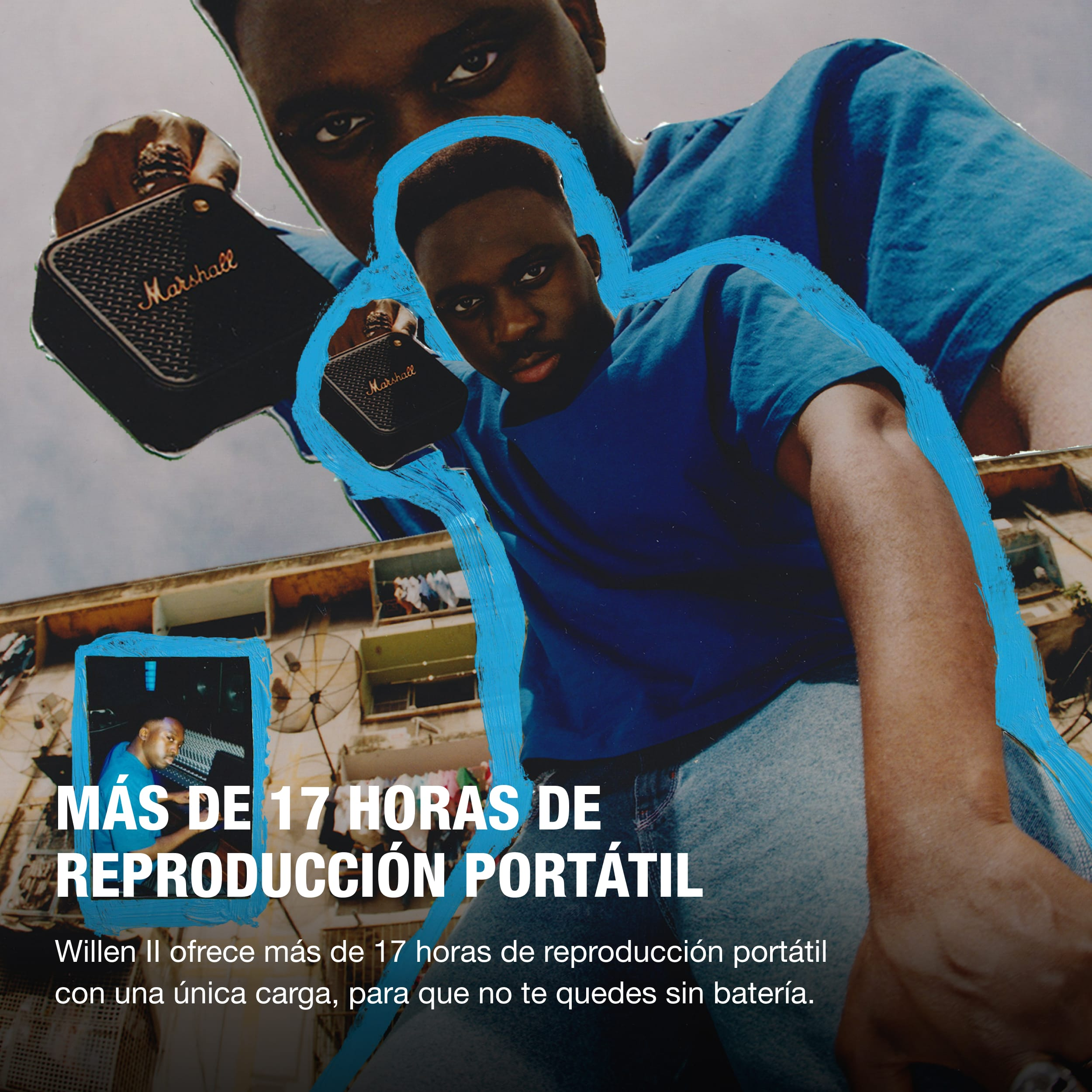 Un hombre de azul, sosteniendo un altavoz Marshall, con el texto 'MÁS DE 17 HORAS DE REPRODUCCIÓN PORTÁTIL'.