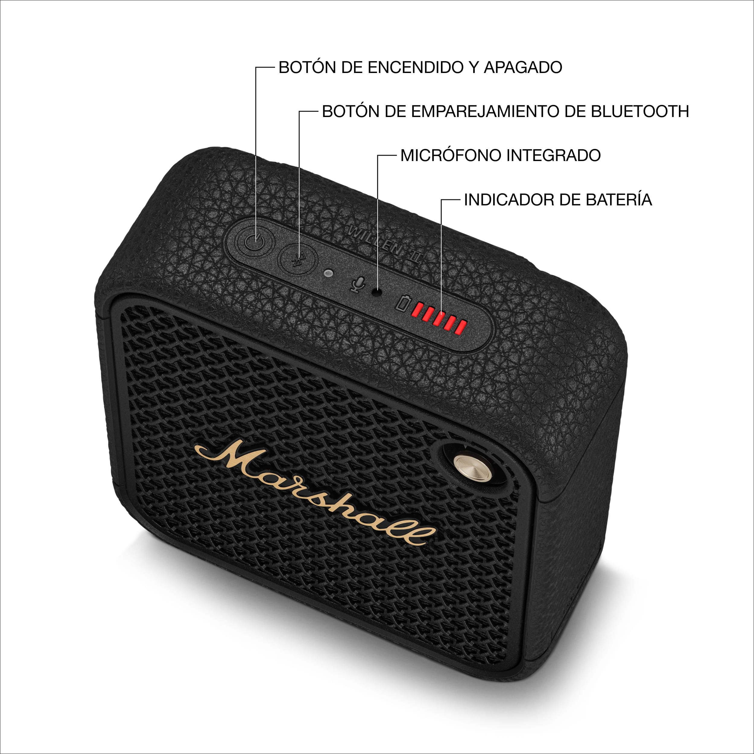 Altavoz Marshall negro. Vista superior con etiquetas: Botón de encendido, Bluetooth, micrófono e indicador de batería.