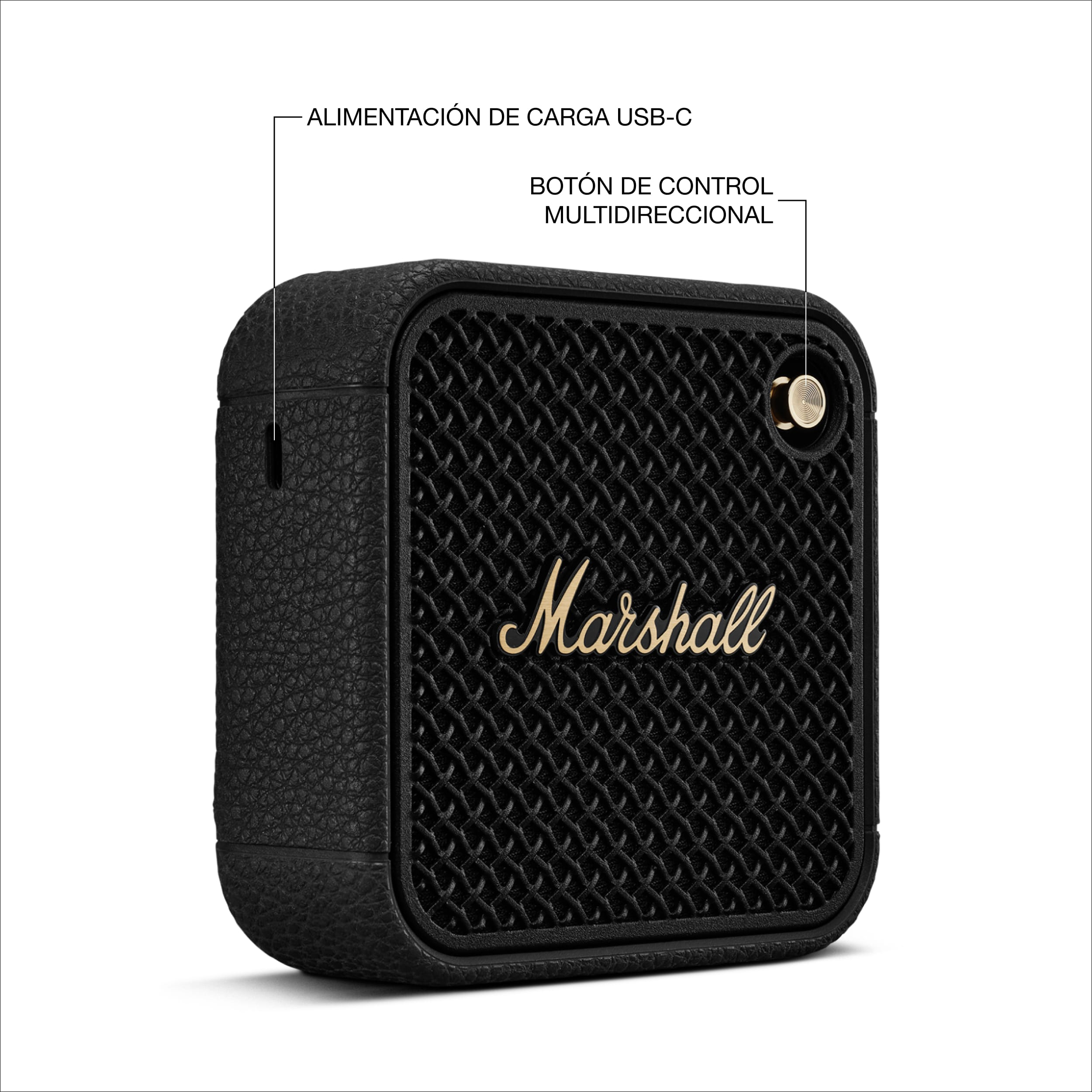Un pequeño altavoz Marshall negro con un botón de control dorado y un puerto de carga USB-C.