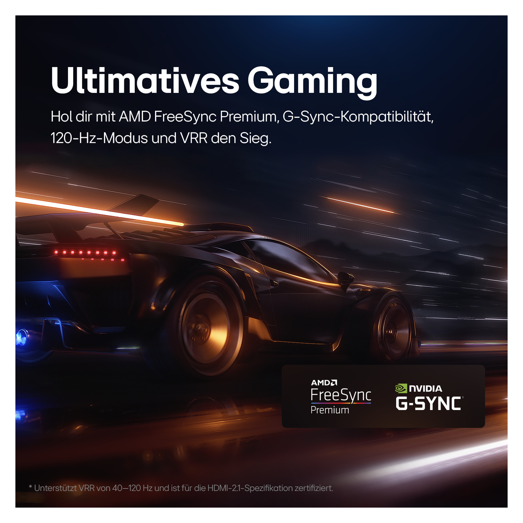 Bild mit Auto und Text über Gaming, AMD FreeSync und Nvidia G-Sync Logos.