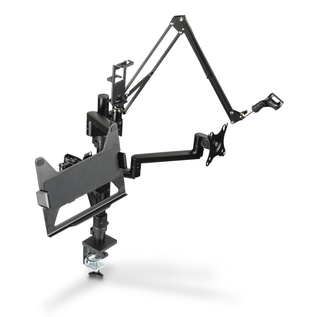 Un support d'écran noir avec plusieurs bras réglables et un support de tablette.
