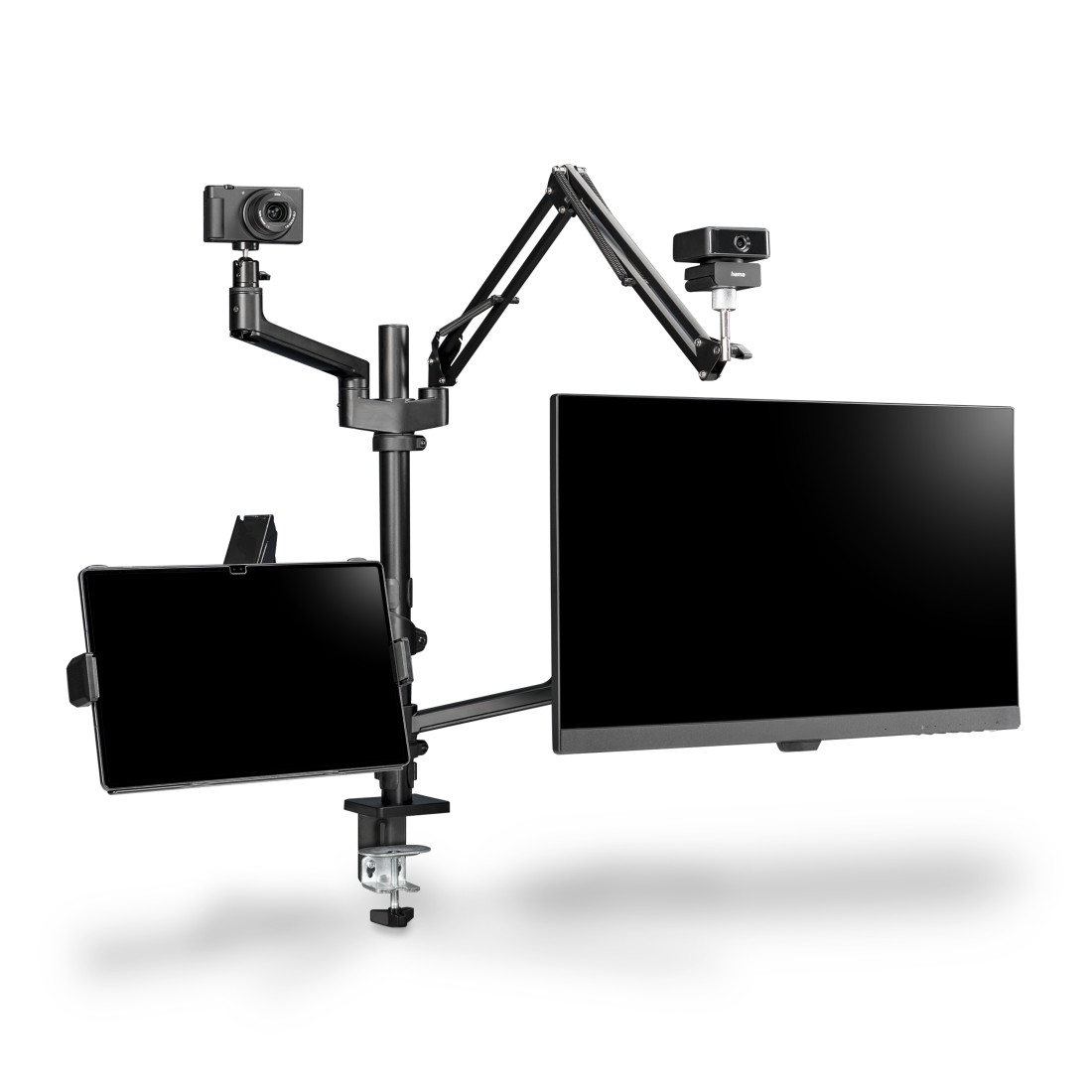 Support double écran avec caméra, webcam, tablette et deux écrans.