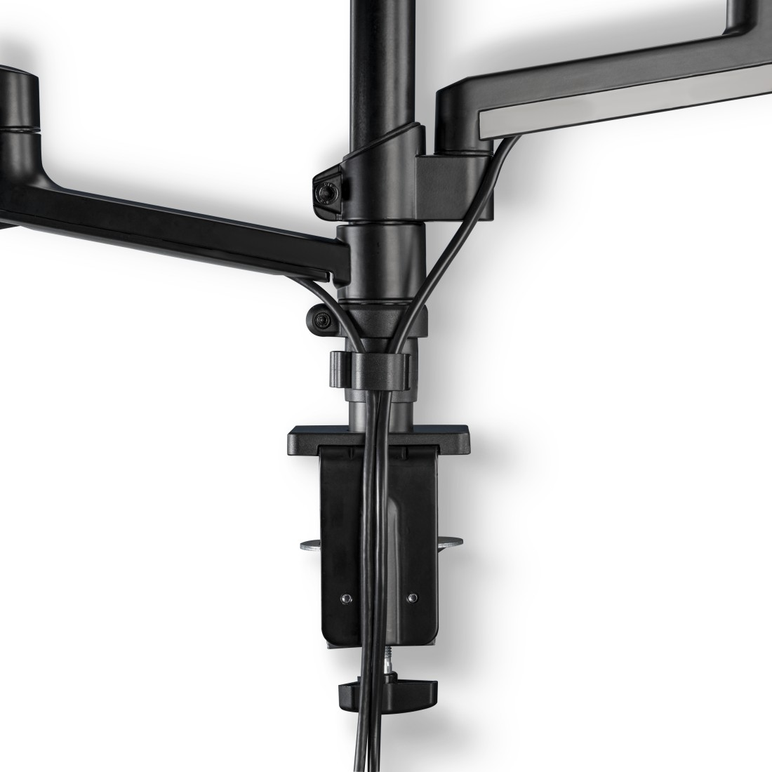 Support de bras de moniteur noir avec deux bras extensibles et système de gestion des câbles.