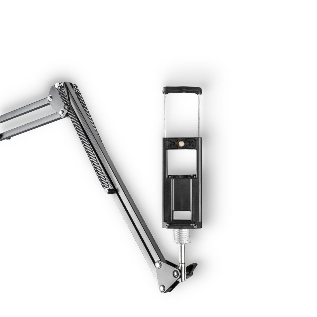 Un support à bras articulé noir et argent pour un téléphone, sur fond blanc.