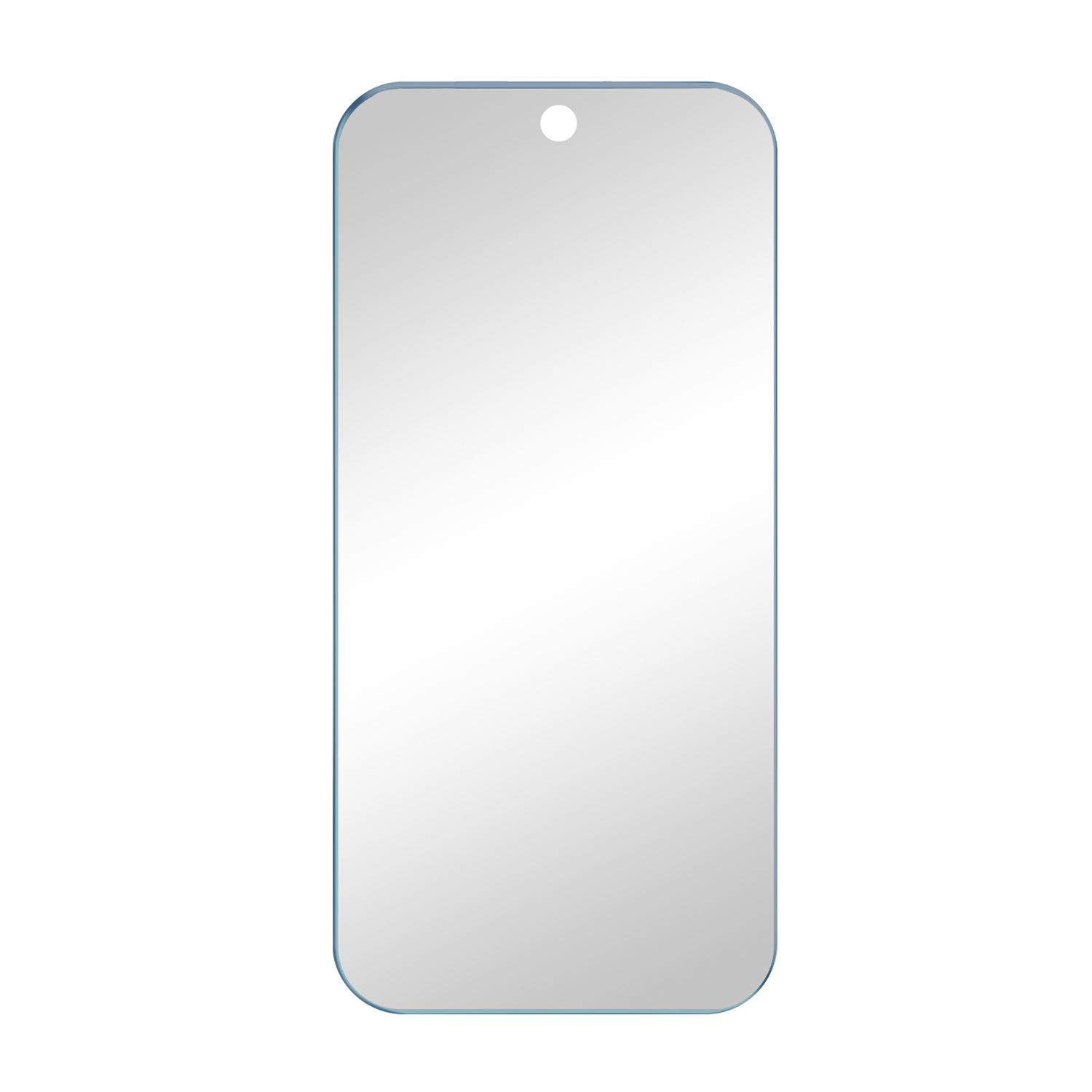 Una protezione per lo schermo dello smartphone bianca con bordi arrotondati, un piccolo foro e un bordo blu.