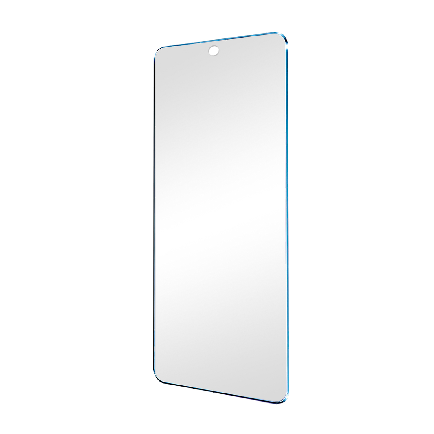 Un proteggi schermo con bordi blu, un piccolo foro per la fotocamera e sfondo bianco.
