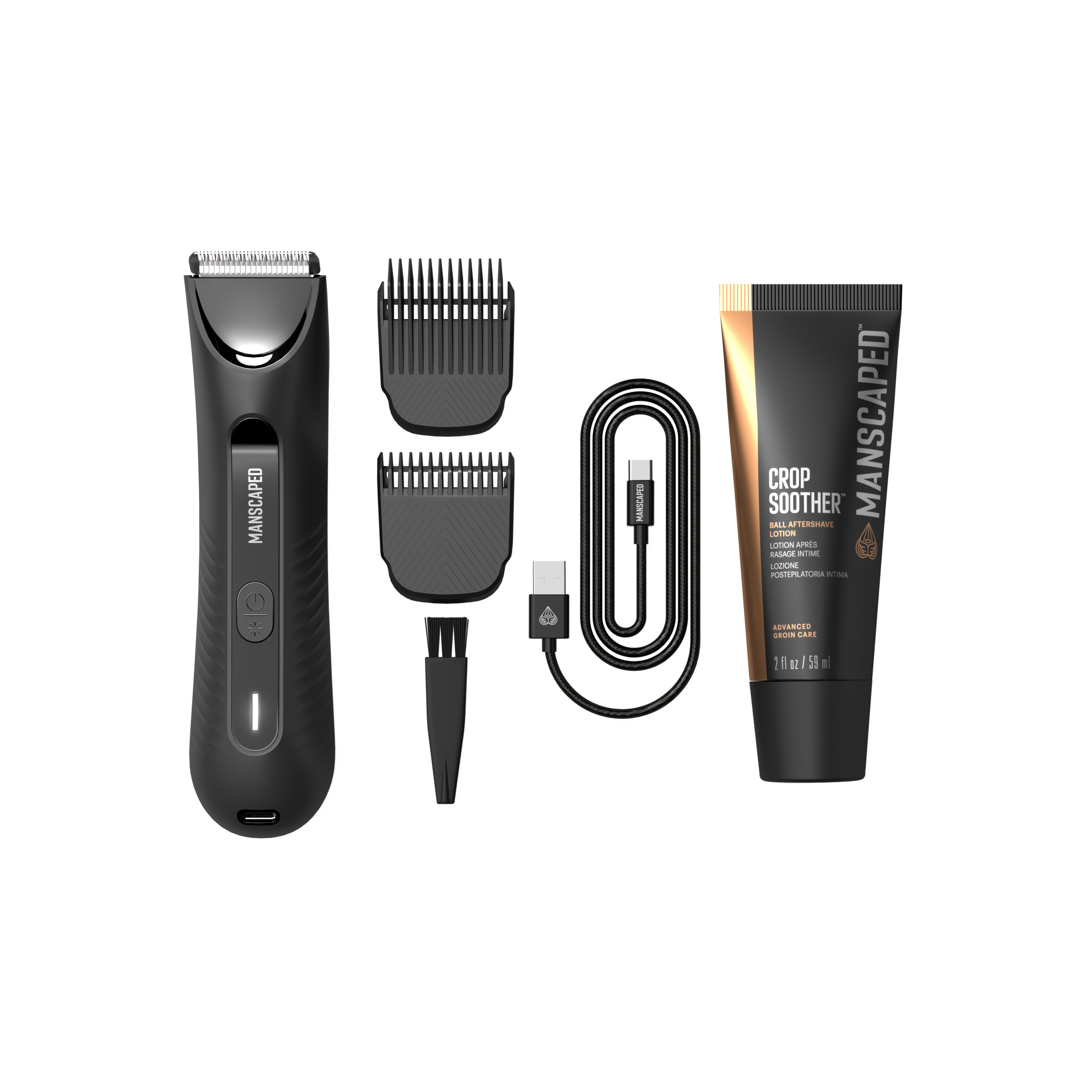 Schwarzer Manscaped-Trimmer mit Zubehör und Crop Soother auf weißem Hintergrund.