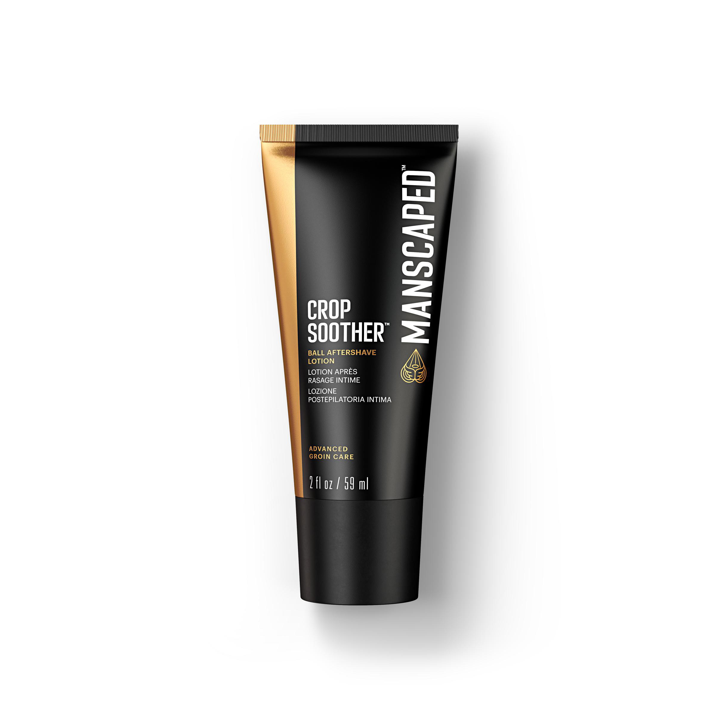 Manscaped Crop Soother, eine Aftershave-Lotion für den Intimbereich. Der Behälter ist schwarz und goldfarben.