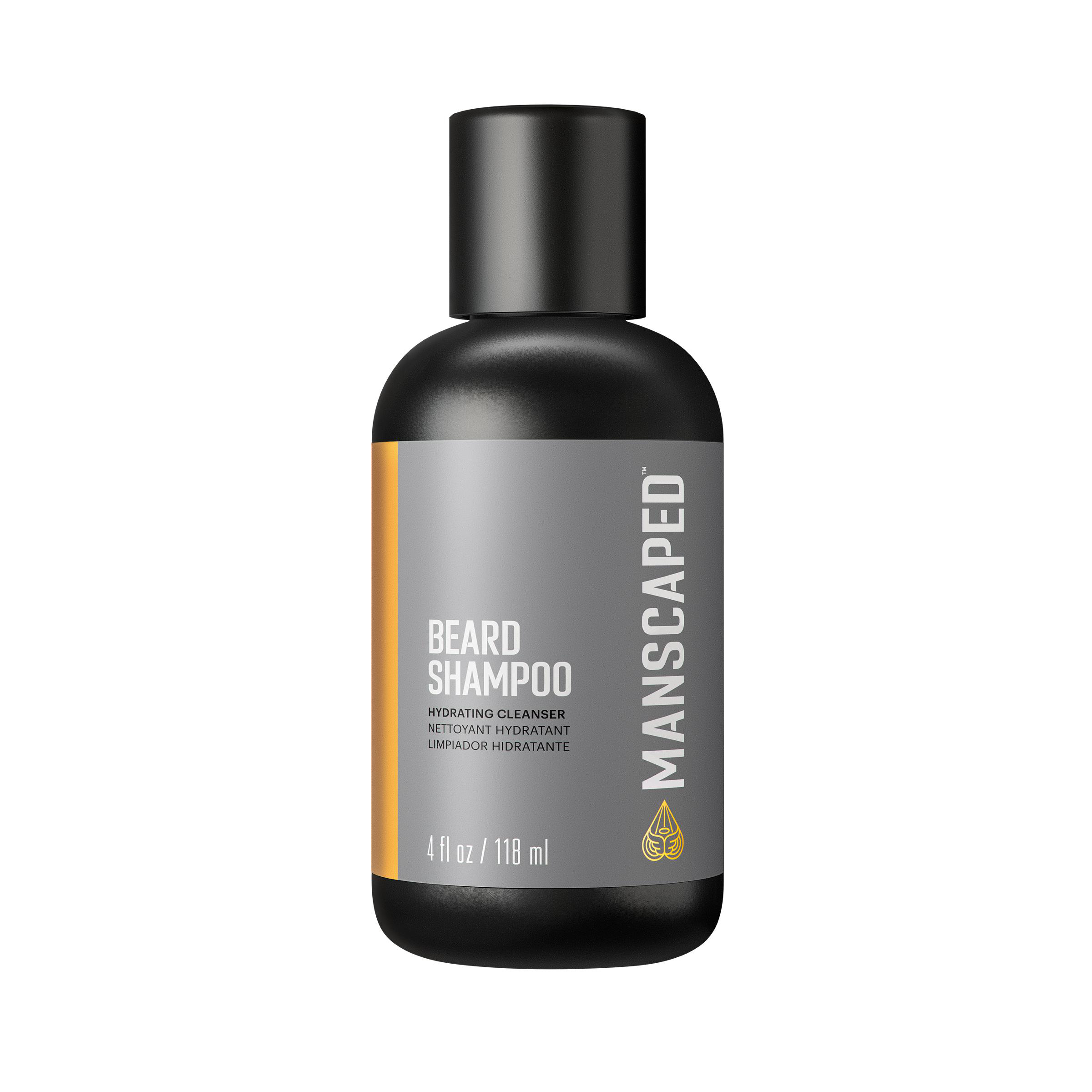 Schwarze Flasche Bartshampoo mit grauem Etikett und gelben Akzenten. 'MANSCAPED' Logo.