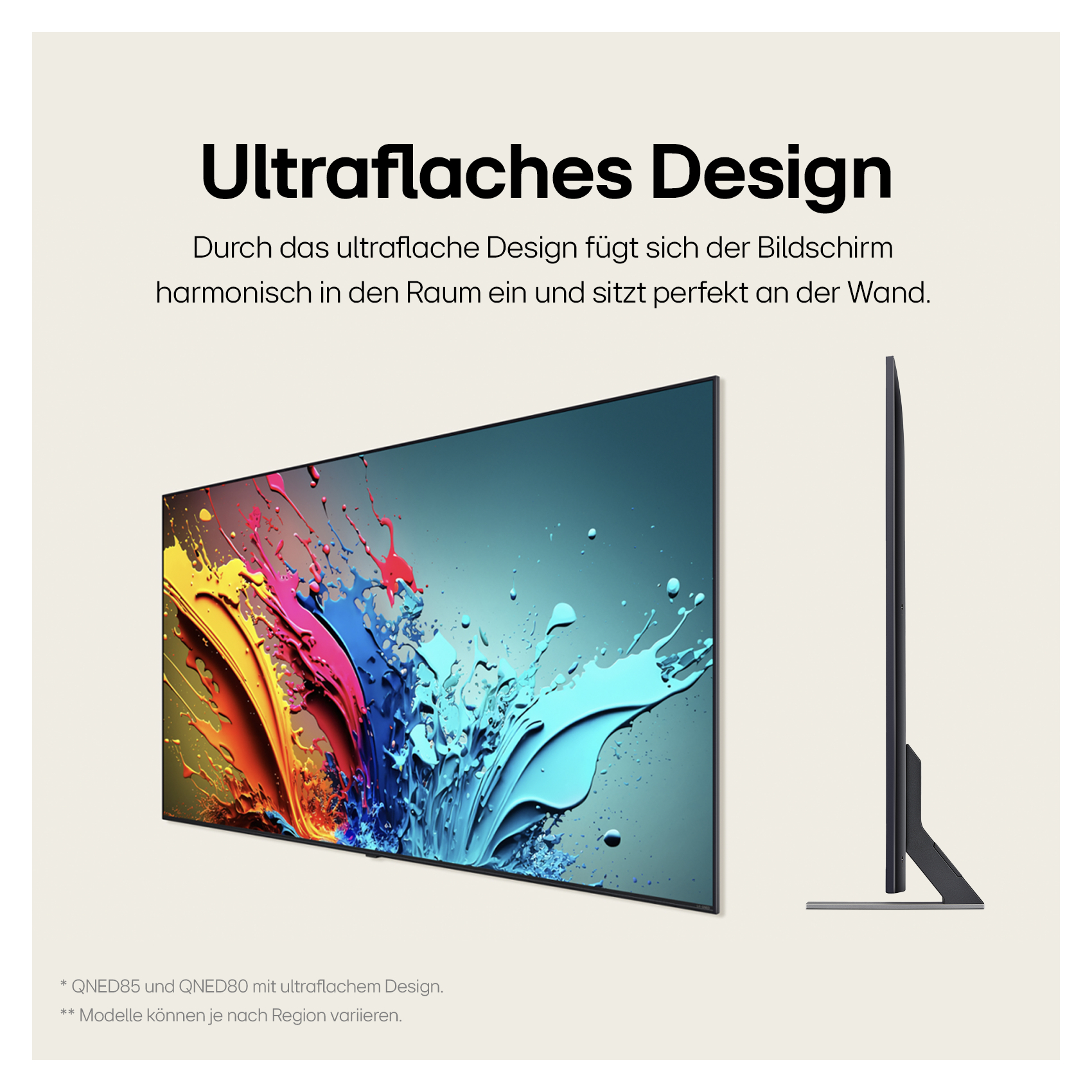 Großer, farbenfroher Fernsehbildschirm im minimalistischen Design, Seitenansicht.