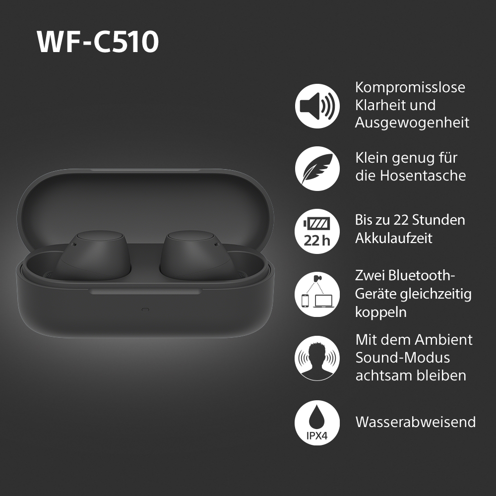 WF-C510 Ohrhörer mit Ladecase und einige Funktionssymbole.