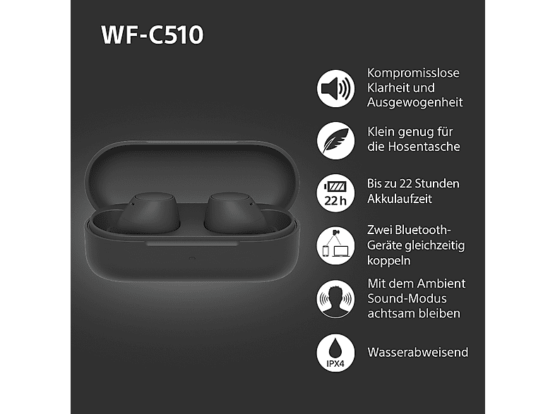 Sony WF-C510 - hohe Soundqualität, Schnellladefunktion, 22h Akkulaufzeit, Bluetooth Multipoint Connection, Ambient Sound-Modus, Spotify Tap, IPX4 - Schwarz; True Wireless Kopfhörer — Foto 2 von 5