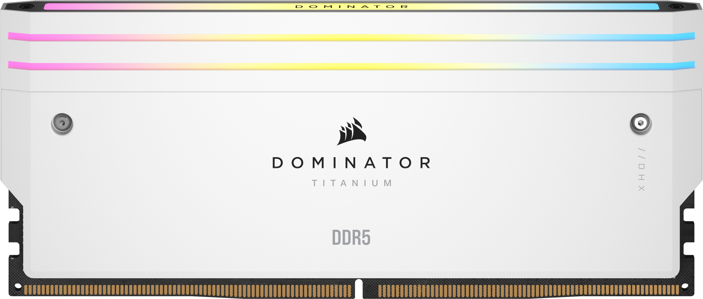 Un modulo RAM bianco e argento con il marchio "DOMINATOR TITANIUM" e "DDR5".