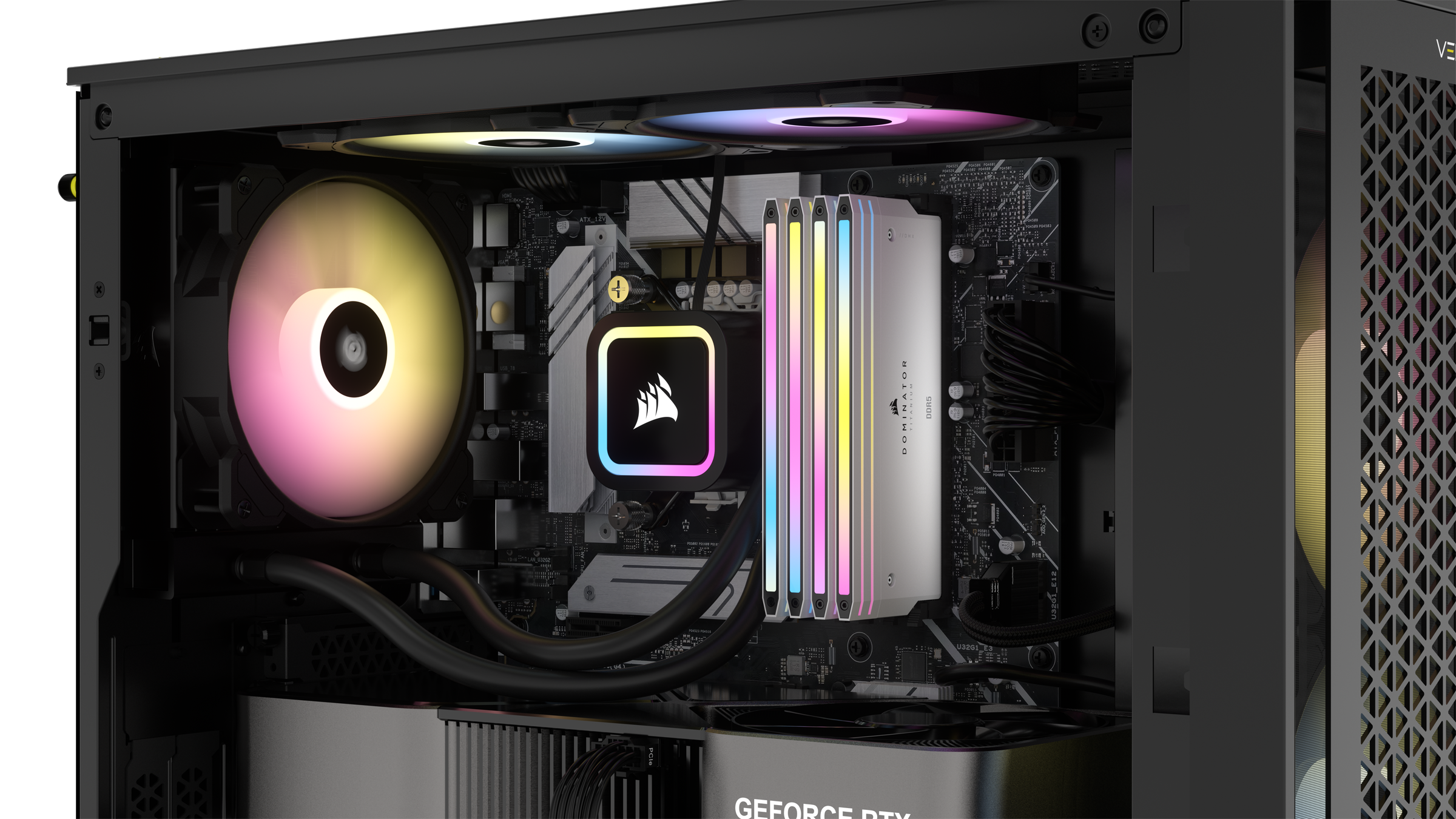 Case per computer con un dissipatore e ventole con illuminazione colorata e componenti all'interno.