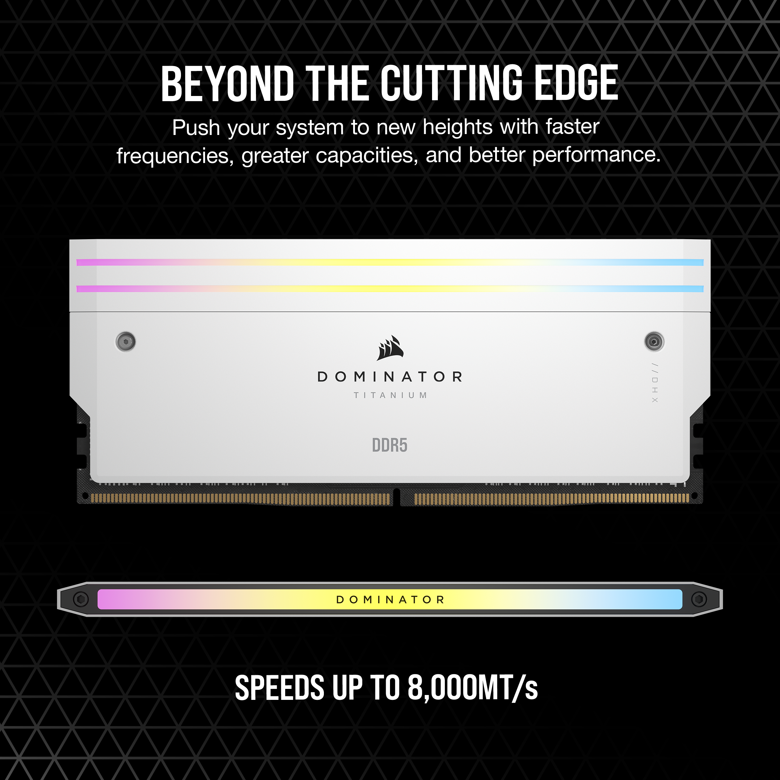 Un modulo RAM in bianco e nero con una barra luminosa colorata, con testo che indica velocità fino a 8.000MT/s.