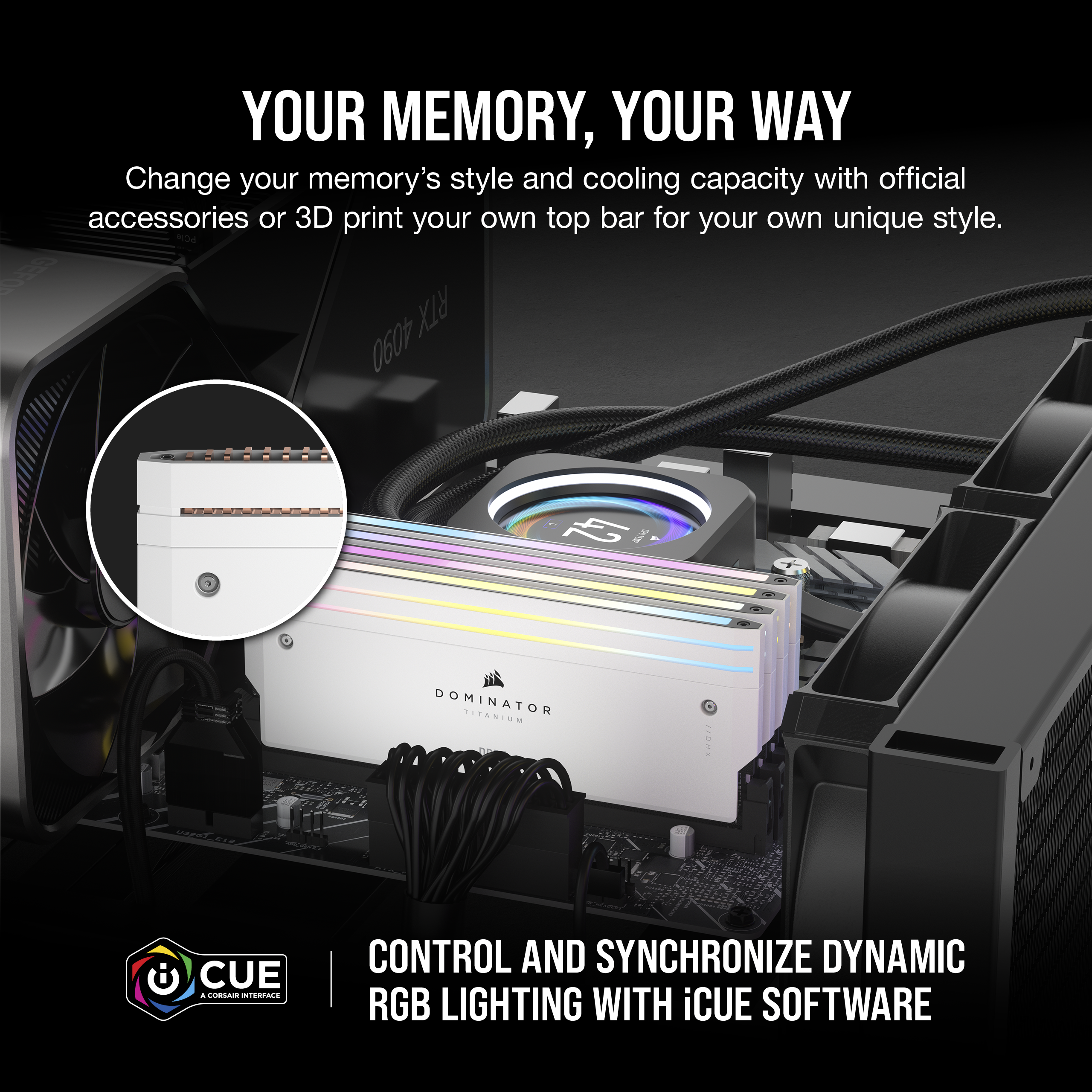 Componenti del computer con illuminazione, stick RAM bianco con sistema di raffreddamento e case.
