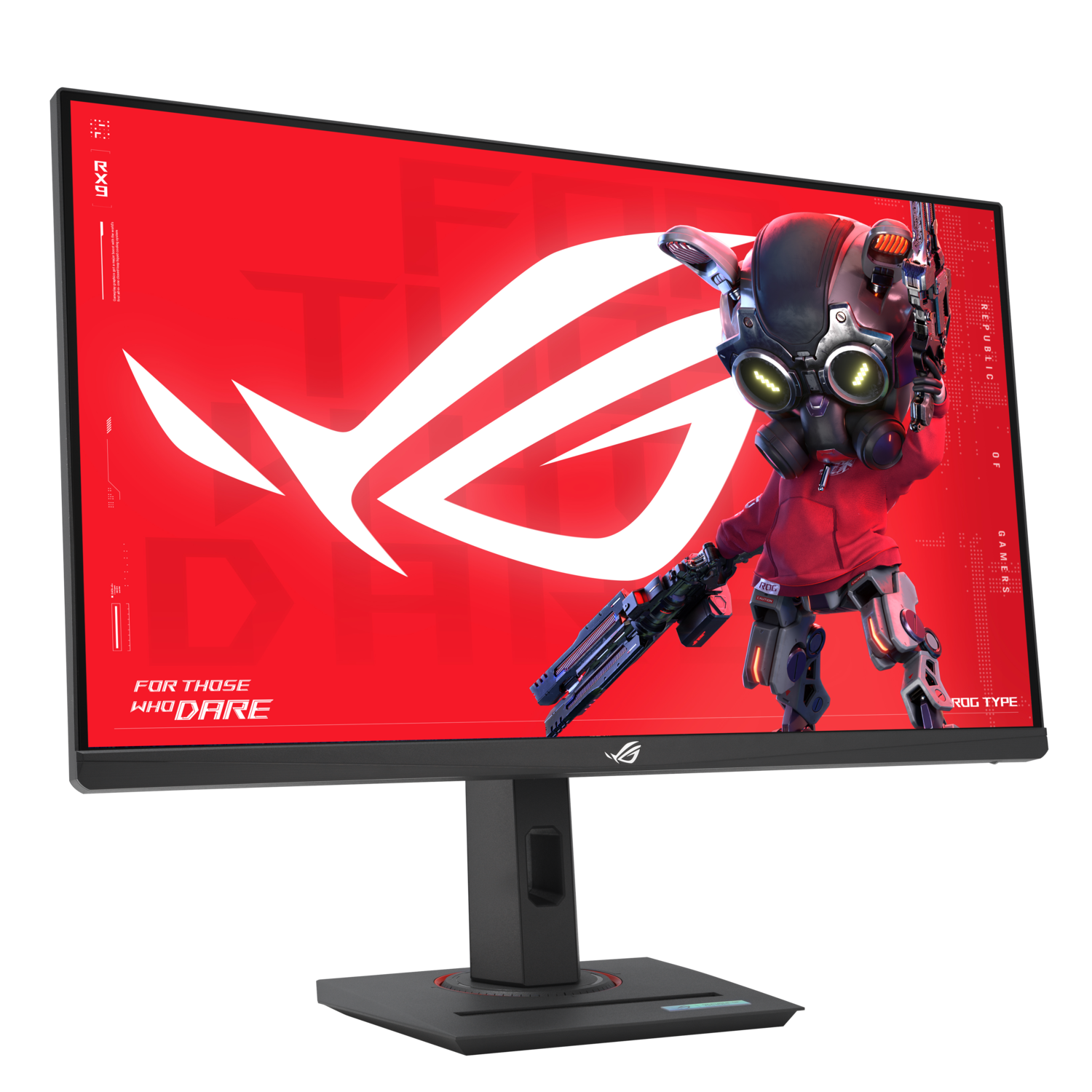 Monitor displays a stylized robot with a gun on a red background. Black stand, gray frame.