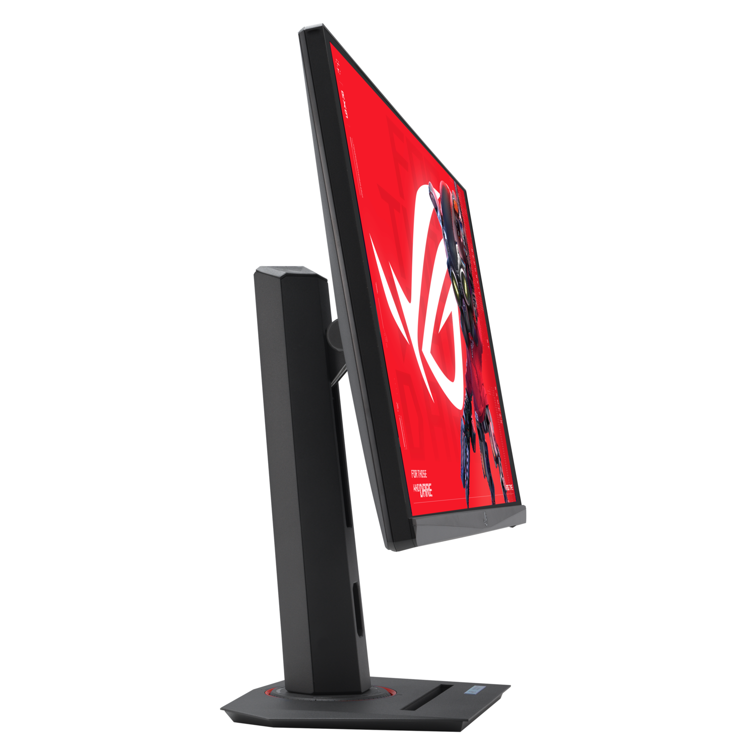 Gaming monitor on a stand, showing a red screen with a logo.