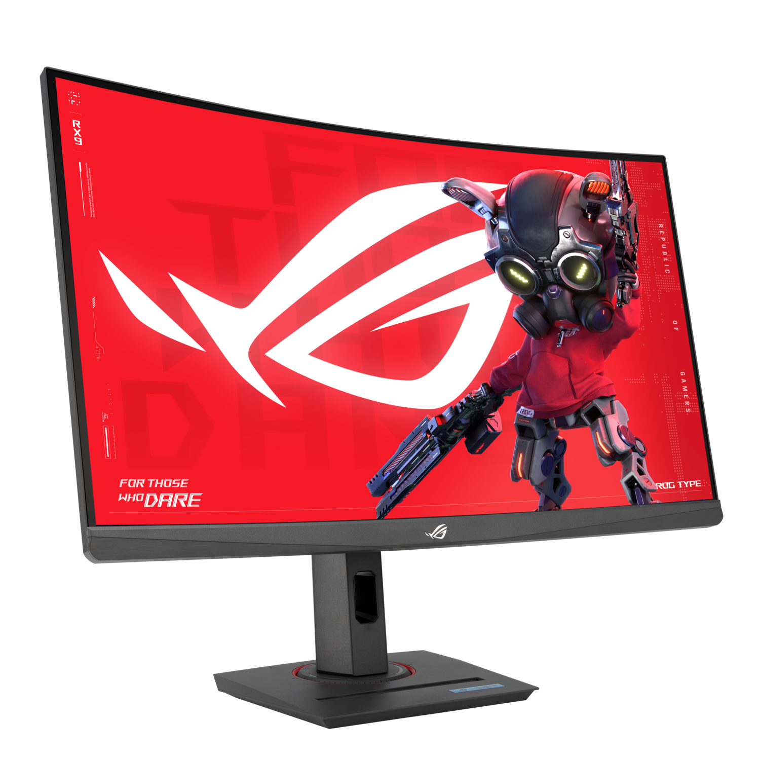 Curved gaming monitor with a red and white design. A robot character is on the screen.