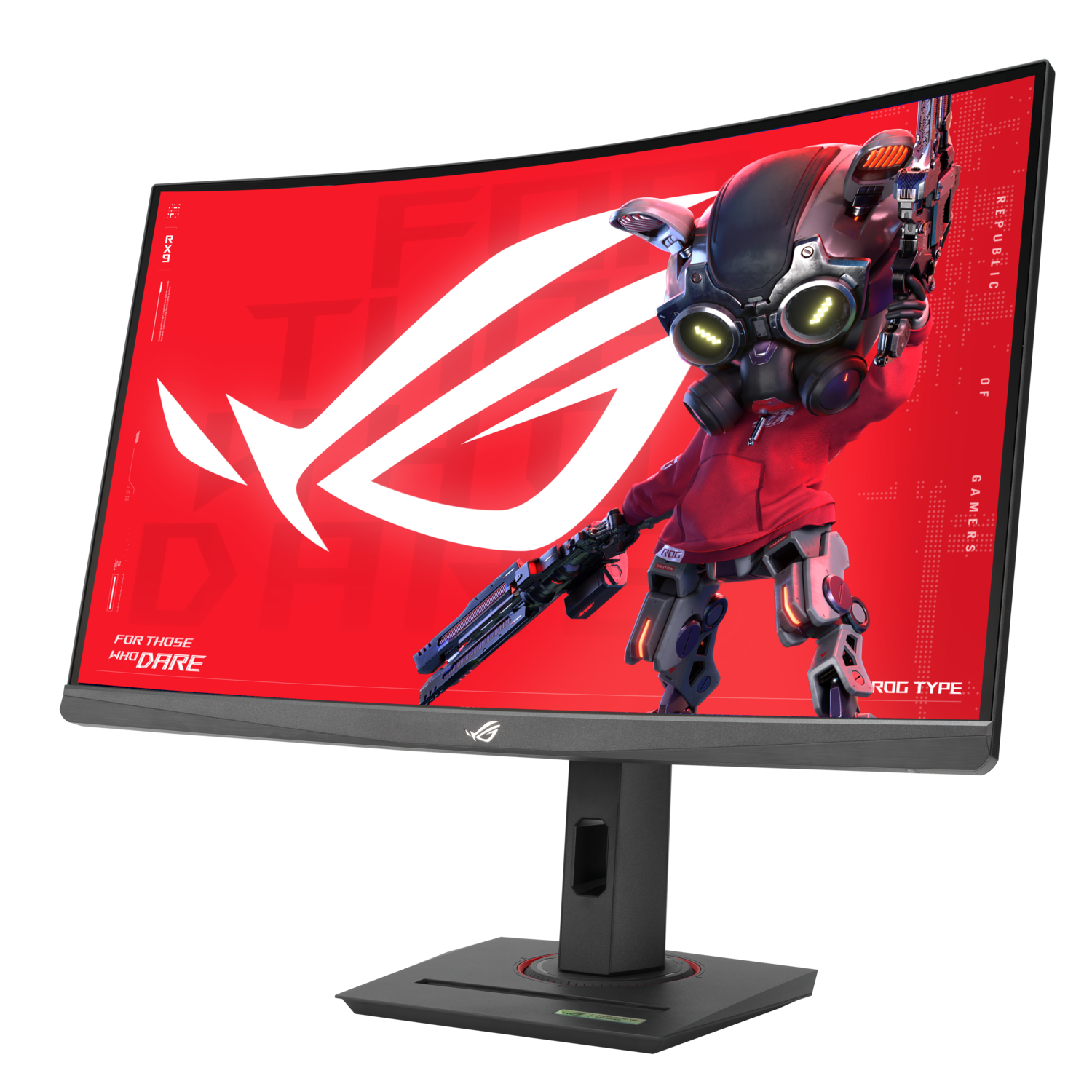 Curved monitor with a red screen showing a cartoon character holding a gun. The ROG logo is visible.