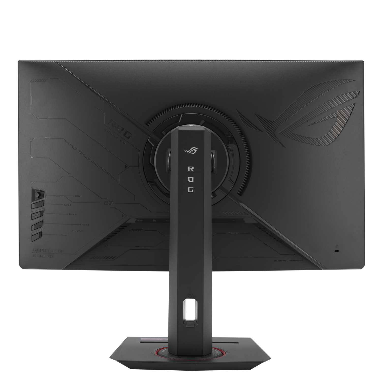 Rear view of a black monitor.  It has a stand with ROG logo and many details etched on its back.