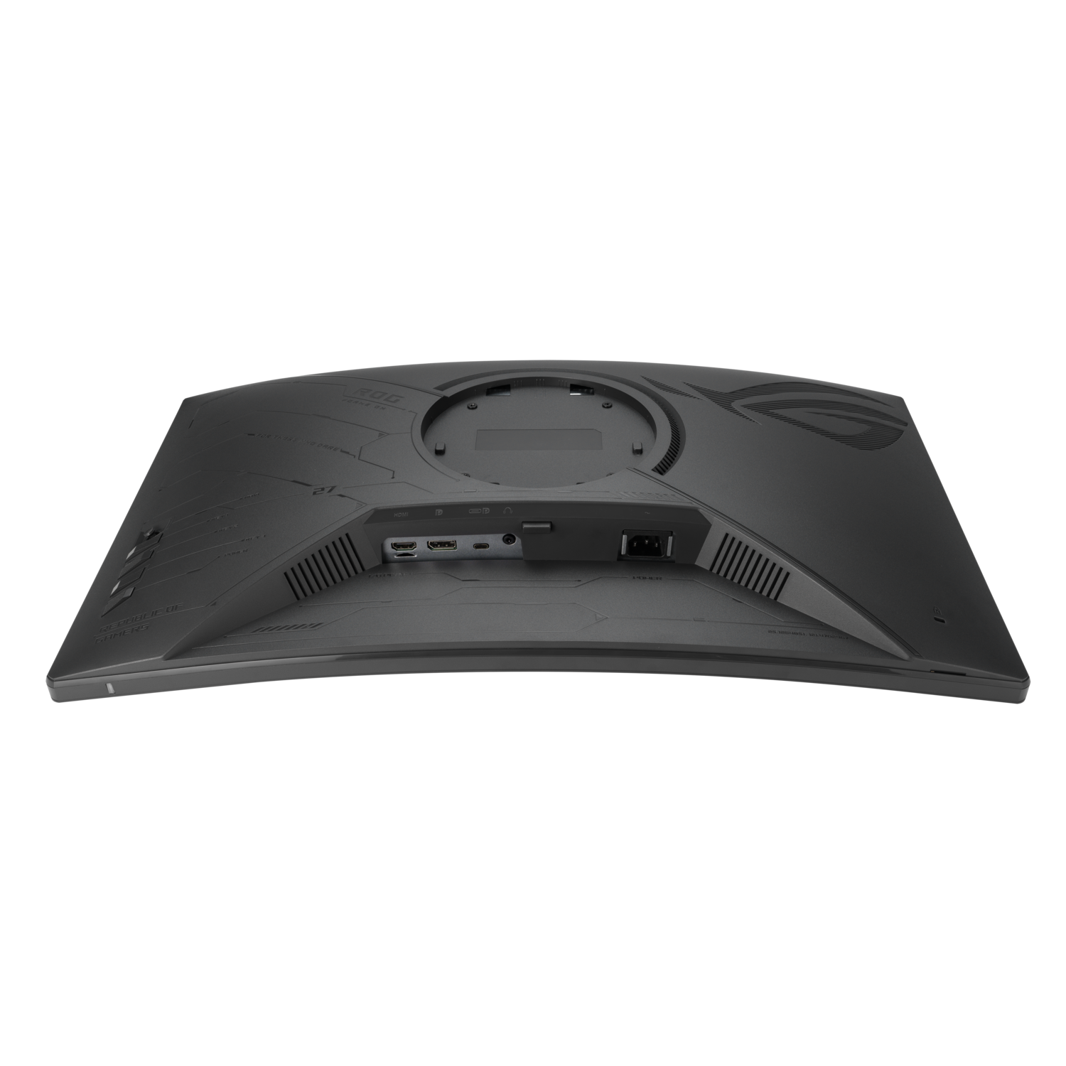The back of a black monitor with ports and a stand. The ROG logo is visible.