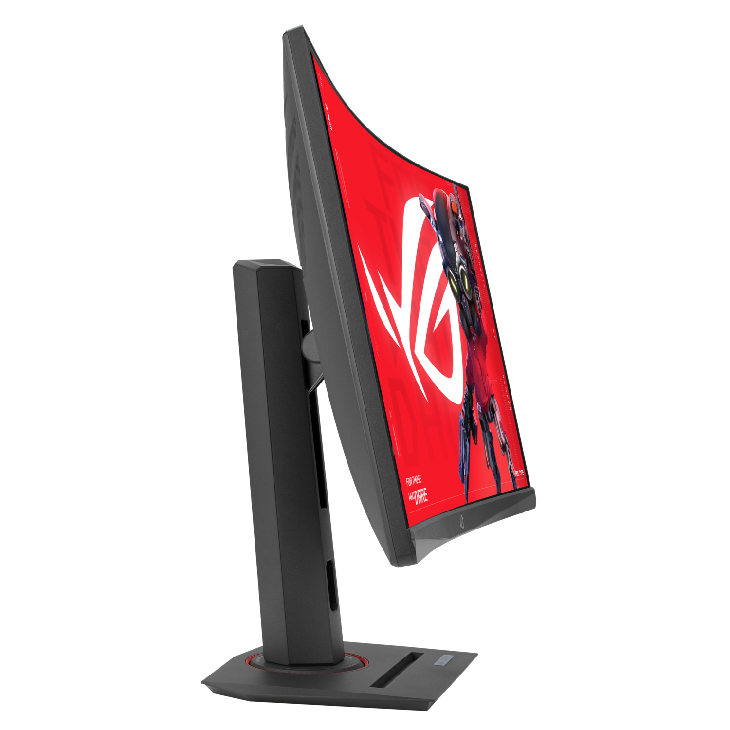 Curved computer monitor with a red screen displays a graphic. Black stand and base, ROG logo is visible.