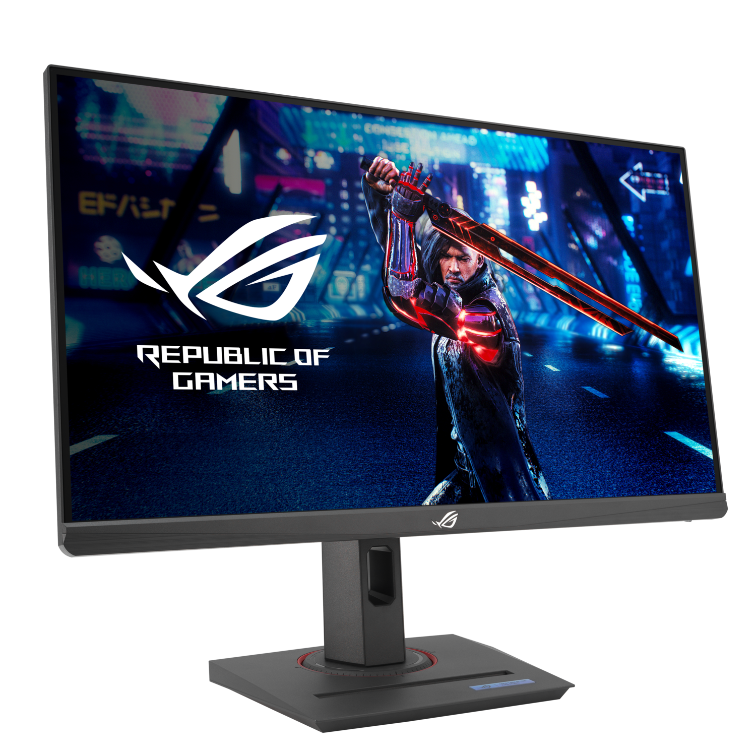 Een gamingmonitor met een persoon die een zwaard op het scherm vasthoudt.