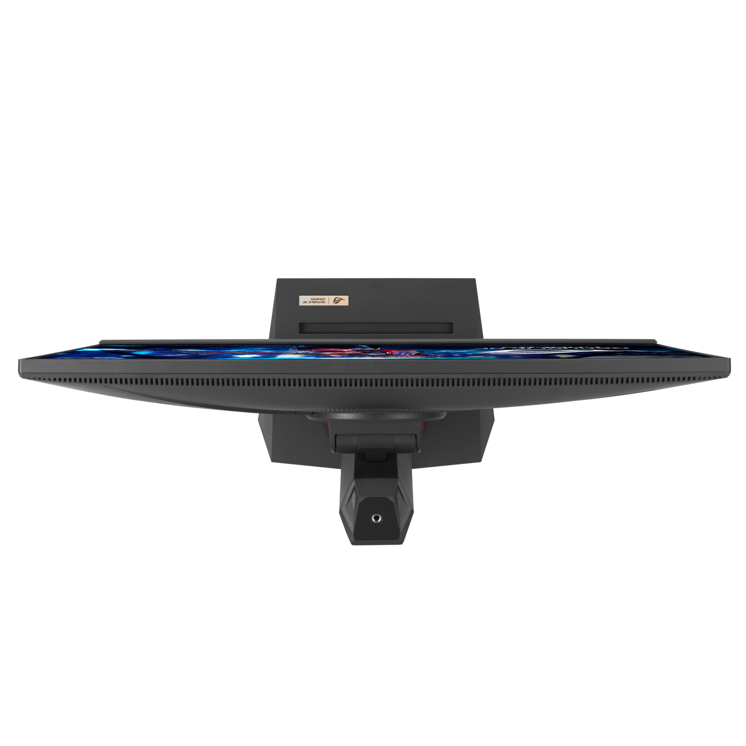Bovenaanzicht van zwarte monitor met standaard. Display toont kleurrijk beeld.