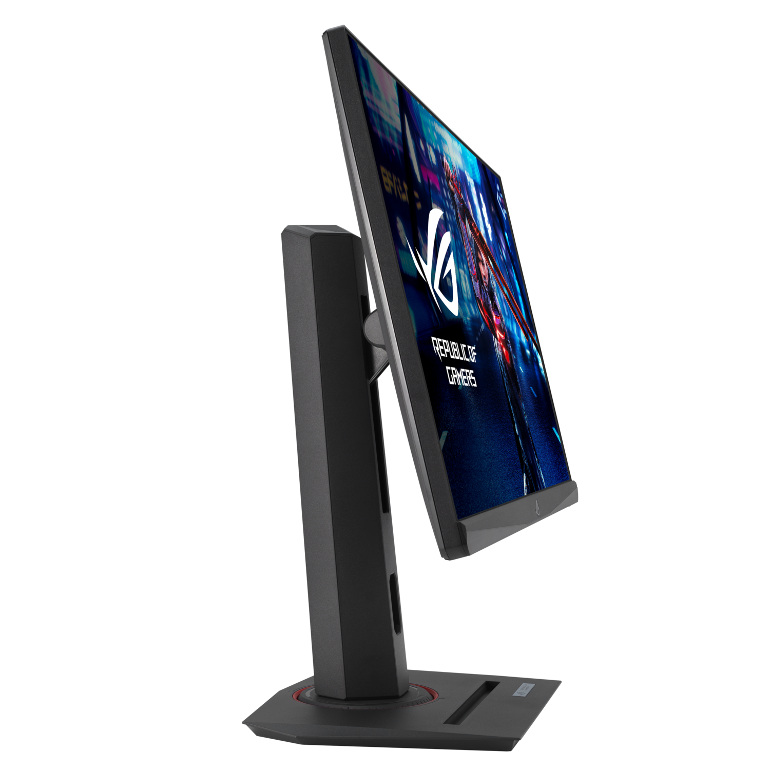 Zwarte en grijze gamingmonitor op een standaard, gekanteld. Scherm toont een game scène.