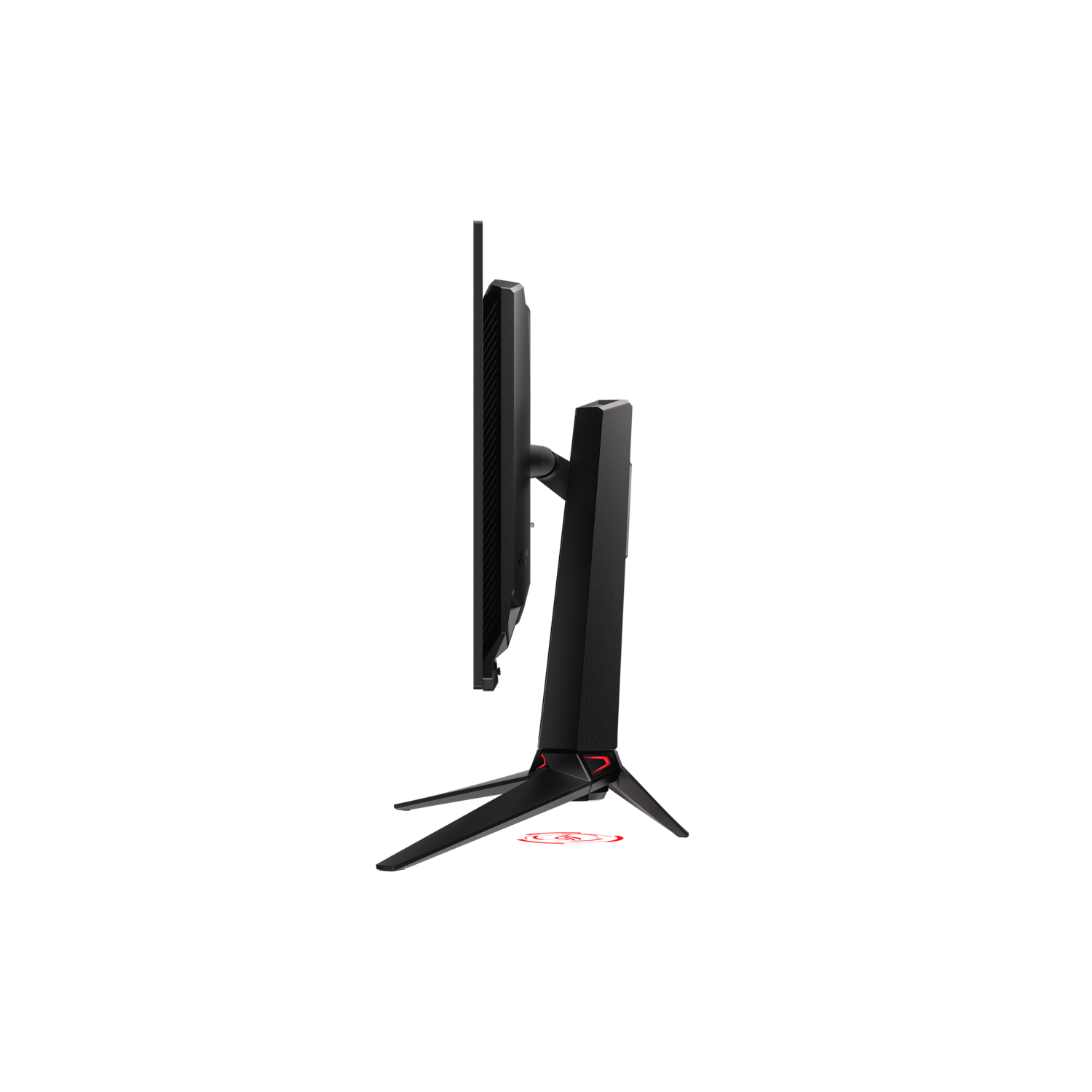 Zijaanzicht van een zwarte monitor met een rode basis.