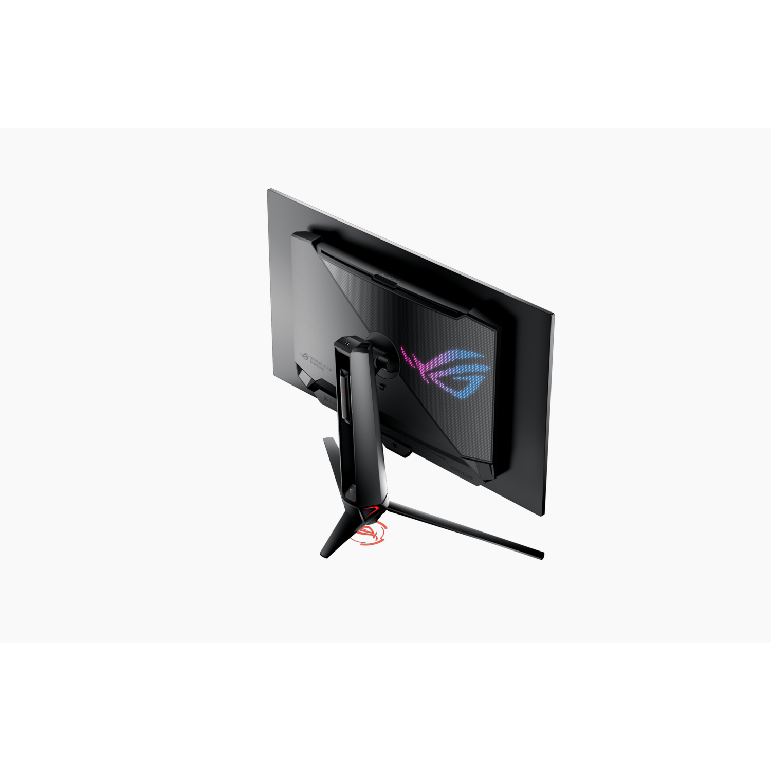 Achteraanzicht van een gebogen monitor. De monitor heeft een standaard met een logo en een zwarte behuizing.