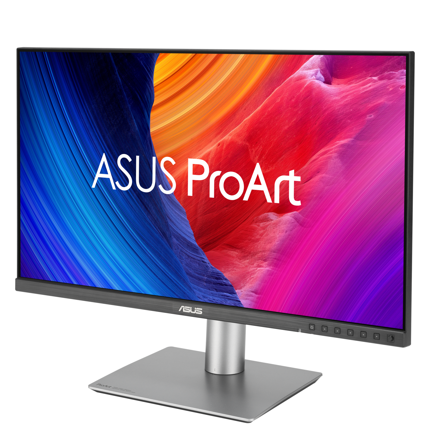 Monitor with a curved screen. The screen displays colorful abstract shapes. Silver stand and base.