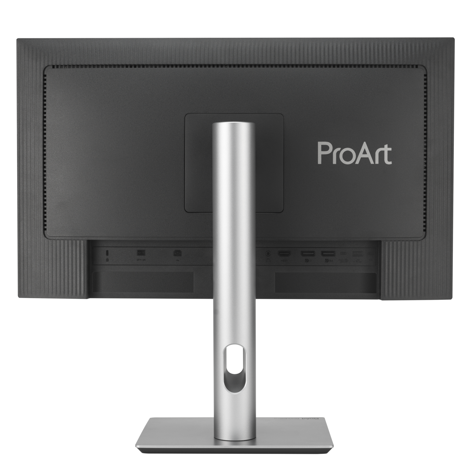 Back view of a black and gray computer monitor with a stand. ProArt is written on it.