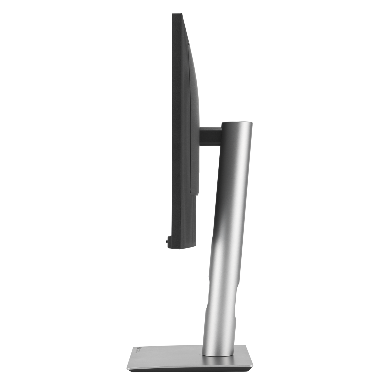 A monitor from the side view, with a silver stand and black screen.